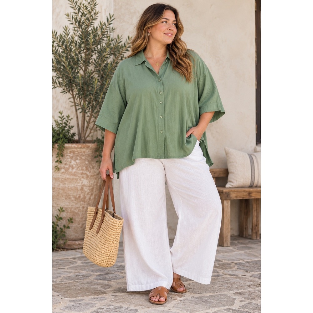 MiB Plus Size Sage Green Linen Blend Button Down Shirt 7X Made in USA 19195